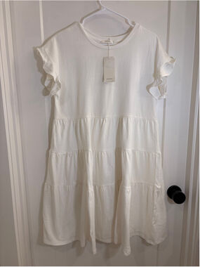 NWT Reserved White 100% Cotton Tiered Flutter Sleeve T-Shirt Mini Dress Large
